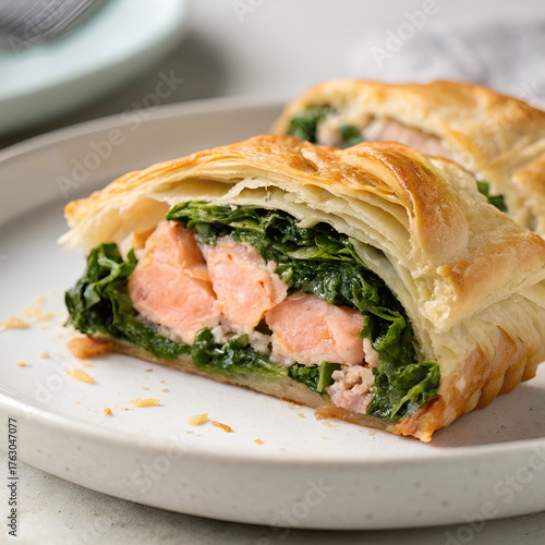 salmon en croute flaky pastry revealing pink salmon filling
