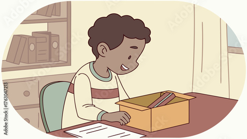 Young boy at desk unboxing a new item happily