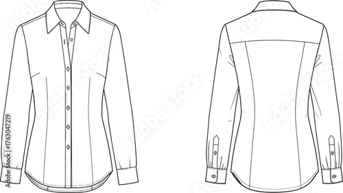 Long sleeve blouse, button-up shirt, fashion flat sketch, technical drawing, princess seams, garment design, sewing template, apparel illustration, back yoke
