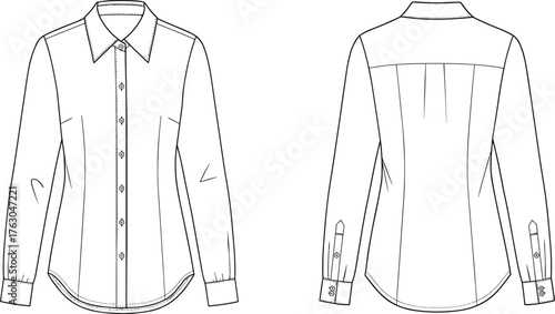 Long sleeve shirt, button-up blouse, fashion flat sketch, technical drawing, garment design, sewing template, collar detail, apparel illustration, back yoke