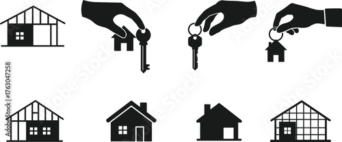 Real estate icons, house silhouettes, key in hand, home ownership concept, property transaction symbols, architectural styles, vector illustration set