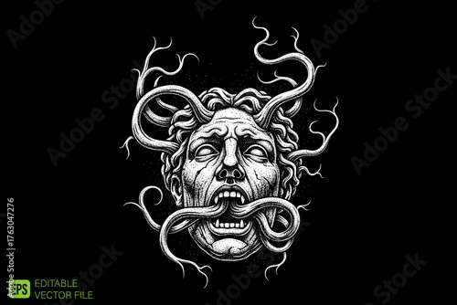 Horror Medusa Head with Tentacles and Snakes Vector Illustration.