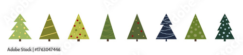 A collection of Christmas trees. A set of icons, vector illustration, flat design. A festive element for decorations, posters, postcards. The symbol of Christmas and new year in trendy shades