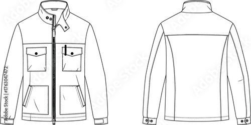 Technical jacket sketch, front and back view, fashion flat drawing, utility outerwear design, garment construction template, apparel illustration
