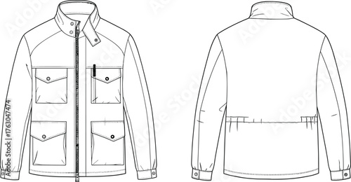 Technical jacket sketch, front and back view, fashion flat drawing, utility outerwear design, garment construction template, apparel illustration, buttoned cuffs