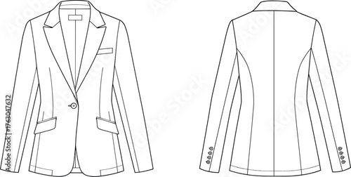 Women’s blazer technical sketch, front and back view, fashion flat drawing, tailored jacket design, garment construction, apparel template illustration