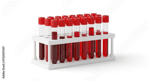 Realistic 3D vector of laboratory blood test tubes arranged in a holder, suitable for healthcare, hospital, and lab testing themes.