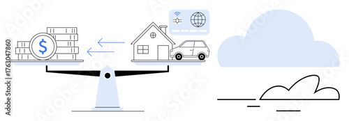 Scale balancing cash and property assets, car, and cloud data usage. Ideal for financial planning, investment, resource allocation, savings, cloud computing, property management simple flat metaphor