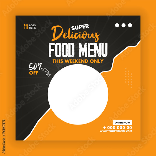 Modern Restaurant Food Menu Social Media Post Template. Weekend Offer Banner. Editable PSD Vector Design.