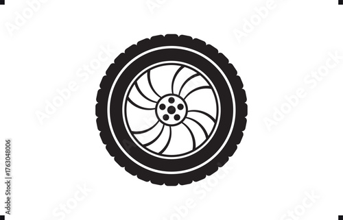 Black rubber wheel tire design. Wheel tires. Car tire tread tracks, Mini Van racing wheel mascot design. Tyres road maintenance vector automobile. Auto Van wheel tyre. Vector illustration rim design