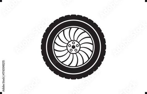Black rubber wheel tire design. Wheel tires. Car tire tread tracks, Mini Van racing wheel mascot design. Tyres road maintenance vector automobile. Auto Van wheel tyre. Vector illustration rim design