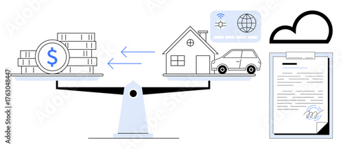 Scales balancing stacks of money against assets thumbs up a house and car, connected by arrows, documents, globe, and cloud. Ideal for finance, investment, mortgages, loans digital management