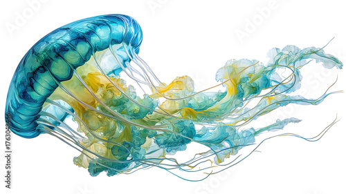 A beautiful blue 3D rendered illustration of an abstract jellyfish isolated on white with a glass texture