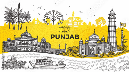 Punjab Skyline Sketch with Heritage Landmarks like Golden Temple, Qila Mubarak, and Patiala Fort – Tourism Art for Print, Wall Decor, and Souvenirs
