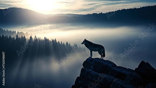 Majestic Lone Wolf Surveys Misty Mountain Valley at Dawn.