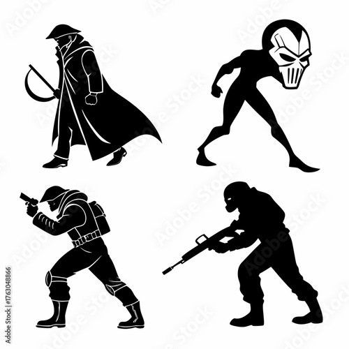 Four mysterious character silhouettes