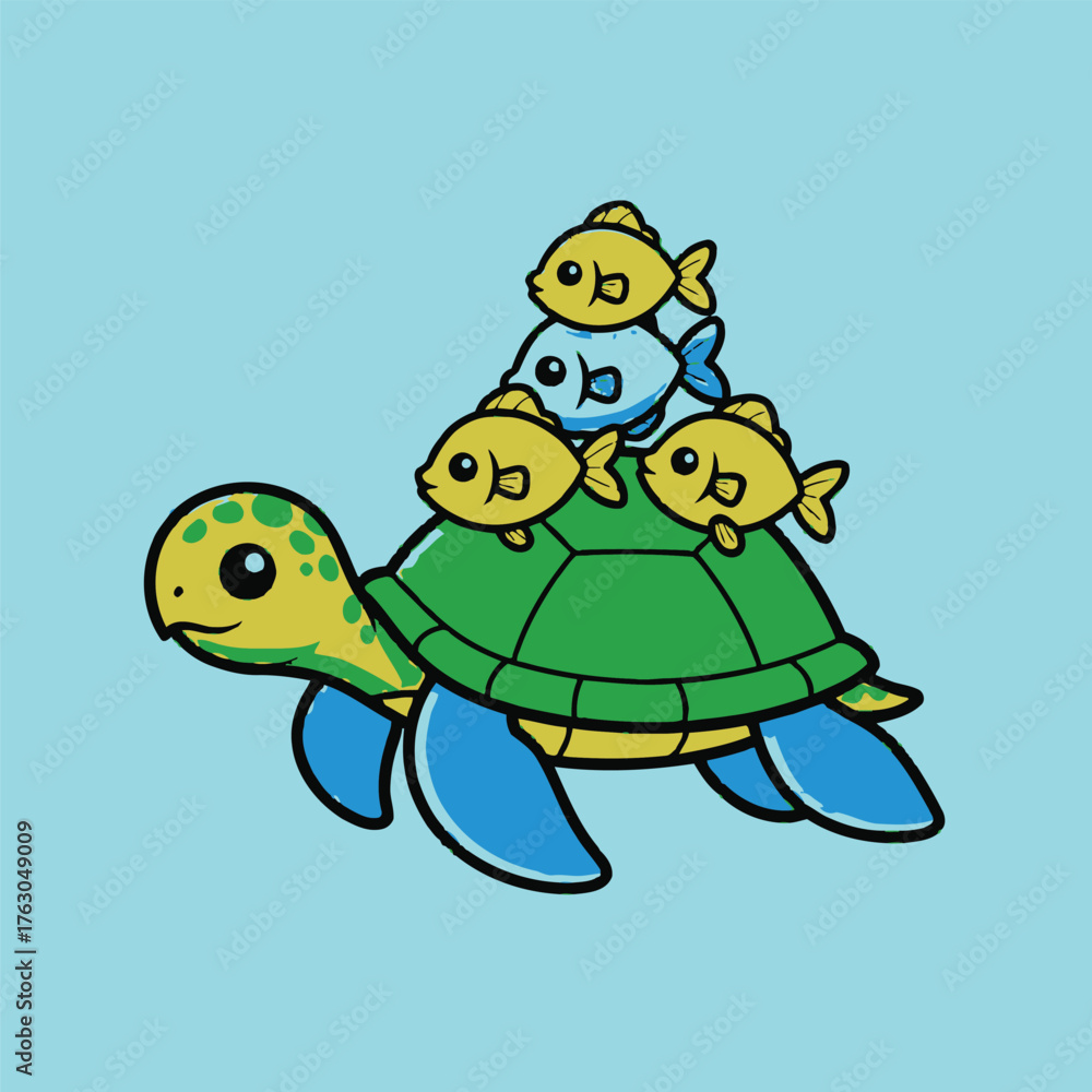 Obraz premium Cute cartoon turtle with three yellow fish and one blue fish on its back Keywords: turtle, fish, cartoon, cute, animal, sea, ocean