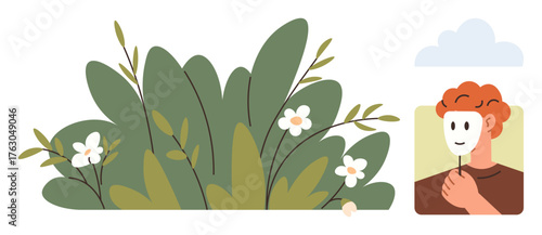 Dense greenery with white flowers symbolizes nature and simplicity, alongside a person holding a mask symbolizes hidden emotions, anonymity, and self-discovery. Ideal for identity, authenticity