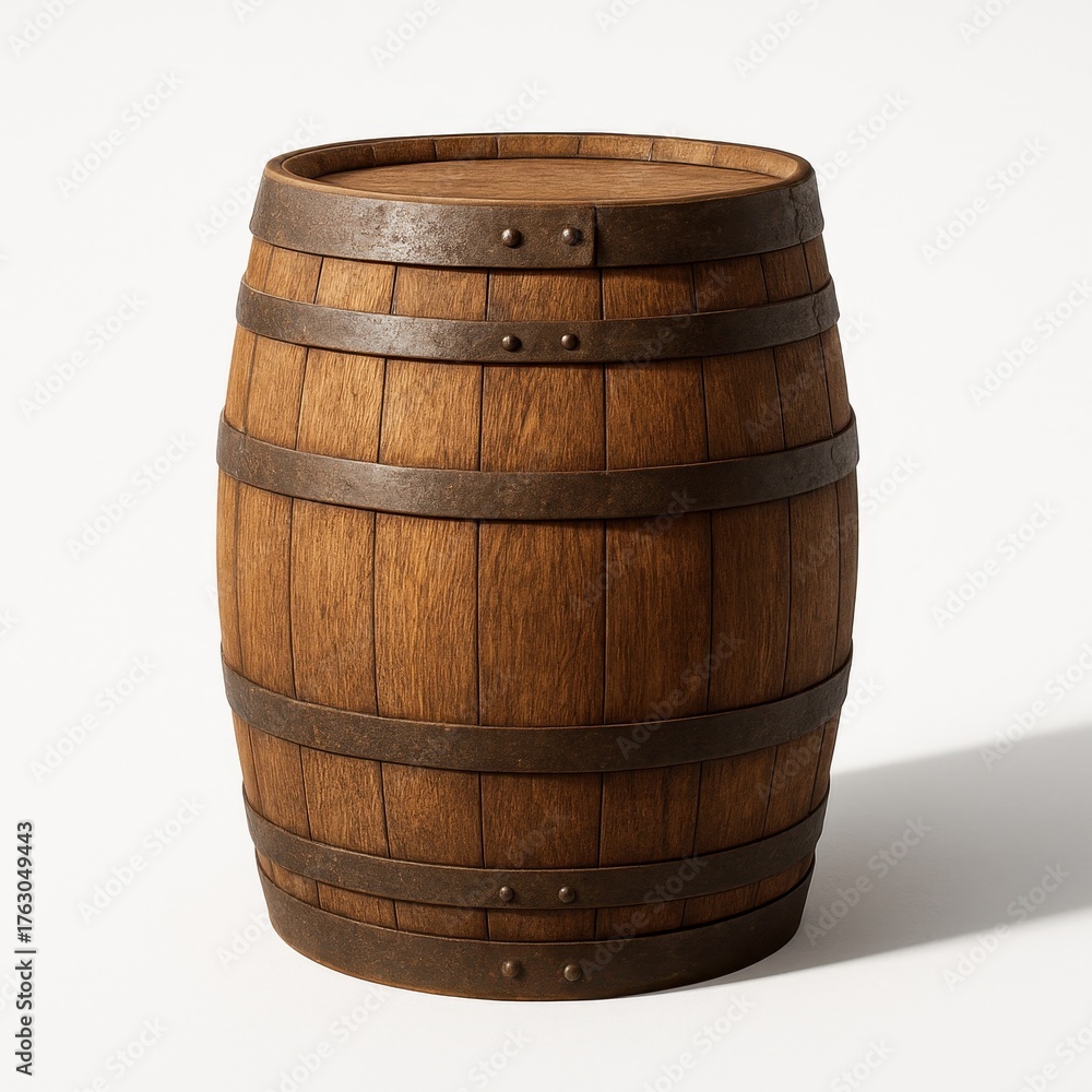 Fototapeta premium Front view whiskey barrel upright with gentle wear and patina on white