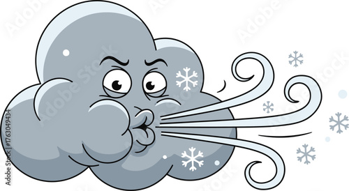 Grumpy cartoon grey cloud blowing wind and snowflakes with a stern expression vector illustration