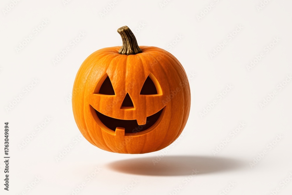 Fototapeta premium Halloween pumpkin floating above surface with faint shadow ellipse on white