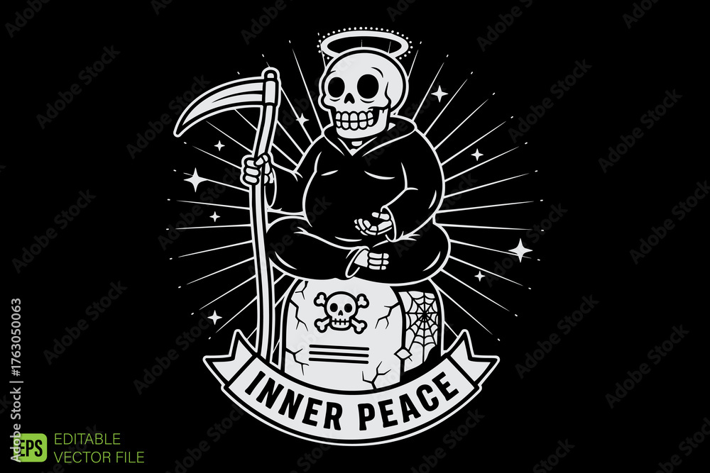 Obraz premium Meditating Grim Reaper Skeleton with Inner Peace Banner.