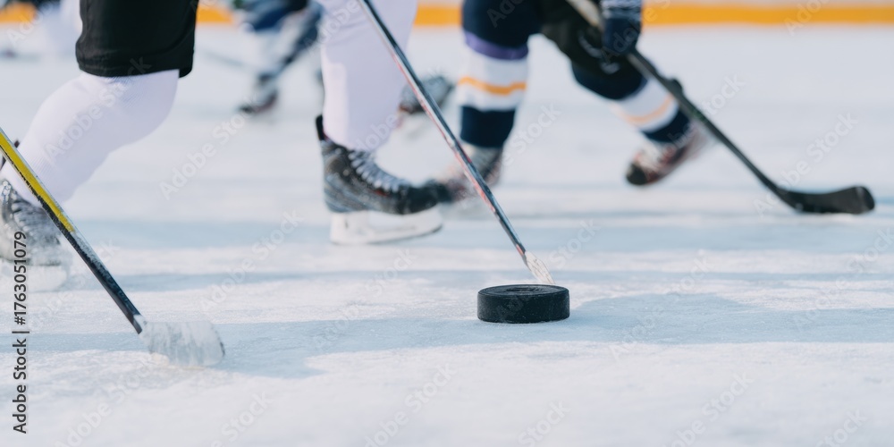 Obraz premium Dynamic Ice Hockey Action Close-Up with Puck and Skates Professional Winter Sports Content for Young Fans Advertising and Social Media Campaigns