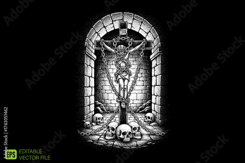 Crucified Figure in Stone Archway with Skulls Below.