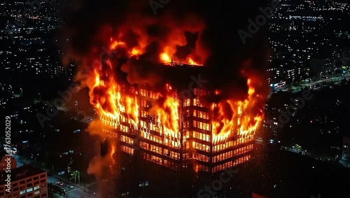 Massive Building Engulfed in Flames at Night.