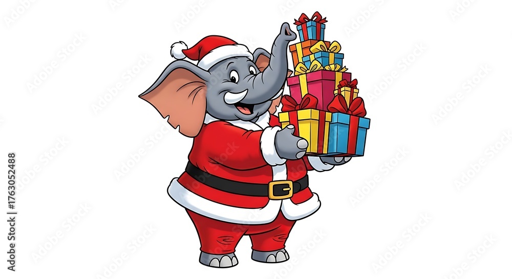 Obraz premium Cartoon elephant wearing santa costume holding a stack of christmas gifts on a white background