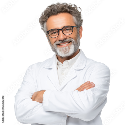 Smiling Middle-Aged Doctor in White Coat  Arms Crossed on Transparent Background 