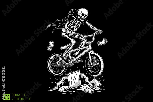 Skeleton Riding BMX Bicycle Over Fallen Books and Papers.
