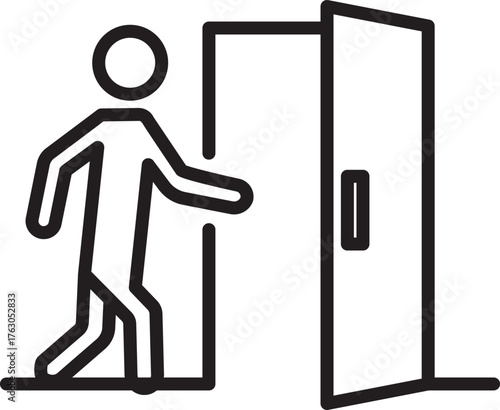 An icon of a person walking through an open door, symbolizing the concept of entering or leaving a room, opportunity, freedom, and access, symbol of an exit or path, black and white line vector.
