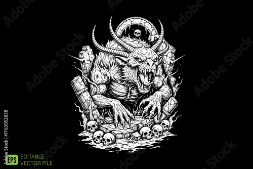 Ferocious Horned Demon with Skulls and Bones in a Dark, Gothic S