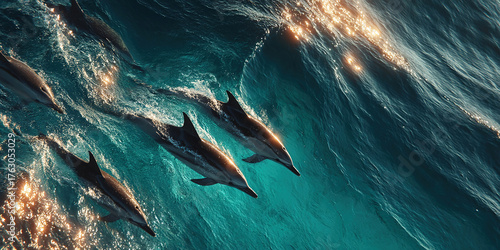 School of dolphins swimming gracefully in the ocean under the bright sunlight