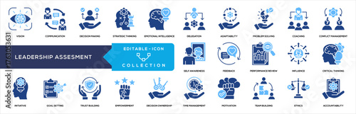 Leadership Assesment Icon Collection. Communication, Decision Making, Strategic Thinking, Emotional Intelligence, Delegation, Adaptability, Problem Solving, Coaching, Conflict Management