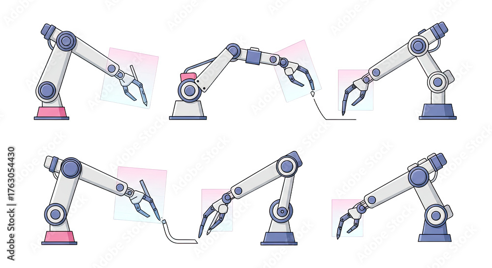 Fototapeta premium Industrial robotic arms performing various precise tasks on white background, automation concept, perfect for manufacturing and technology projects