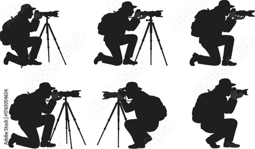 Silhouette photographer with camera and tripod, professional outdoor photography, kneeling man taking pictures, travel photo shoot and nature capture concept