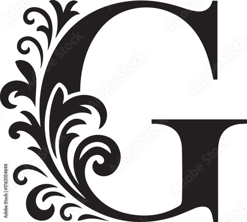 Elegant ornate capital letter g monogram with flourish accents in black and white perfect for branding and design projects isolated on transparent background