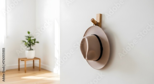 Beige hat hanging on a wooden hook against a white wall with a plant in the background indoors