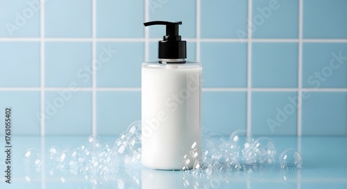 White Pump Bottle with Soap Bubbles on Blue Tile
