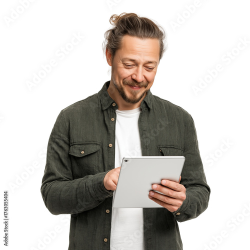  Happy Man Holding iPad and Smiling  Casual Portrait on White Background 