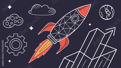 Vibrant abstract digital illustration of rocket launching with flames, surrounded by clouds, planets, and gears, symbolizing