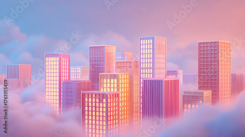 Pastel candy city skyline glowing in morning light, with buildings shaped like sweets and desserts, creating a dreamlike urban fantasy.
