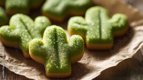 Creative close-up of cactus-shaped cookie with green frosting, representing eco-fun, dessert creativity, and environmental themes.