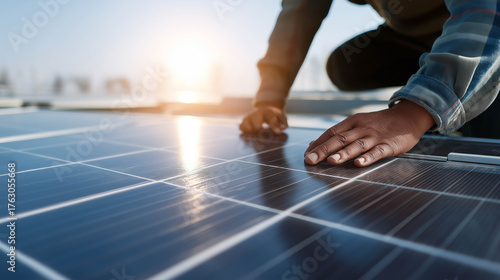Worker’s hands adjusting solar panels in bright sunlight, symbolizing renewable energy and sustainable progress.