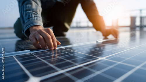 Technician installing solar panels under sunlight, representing renewable energy, green technology, and sustainable innovation