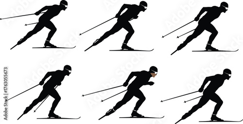 Cross country skier silhouette in motion, winter sports activity, athletic man skiing fast, snow competition, endurance training, fitness performance scene