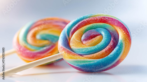 Vibrant close-up of colorful lollipop swirl on white background, representing sweetness, fun, and cheerful childhood memories.