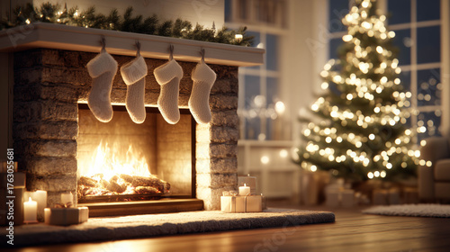 Cozy Christmas fireplace with stockings, tree, and warm lights, creating a festive and homely holiday atmosphere.